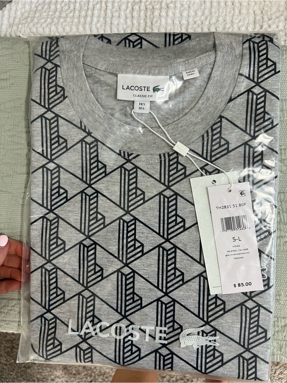 Lacoste Gray Tee with Black Geometric Print